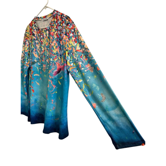 Misslook Hippie Party Tee Shirt Tunic Blouse Womens XL Blue Hummingbird Confetti - Picture 4 of 16